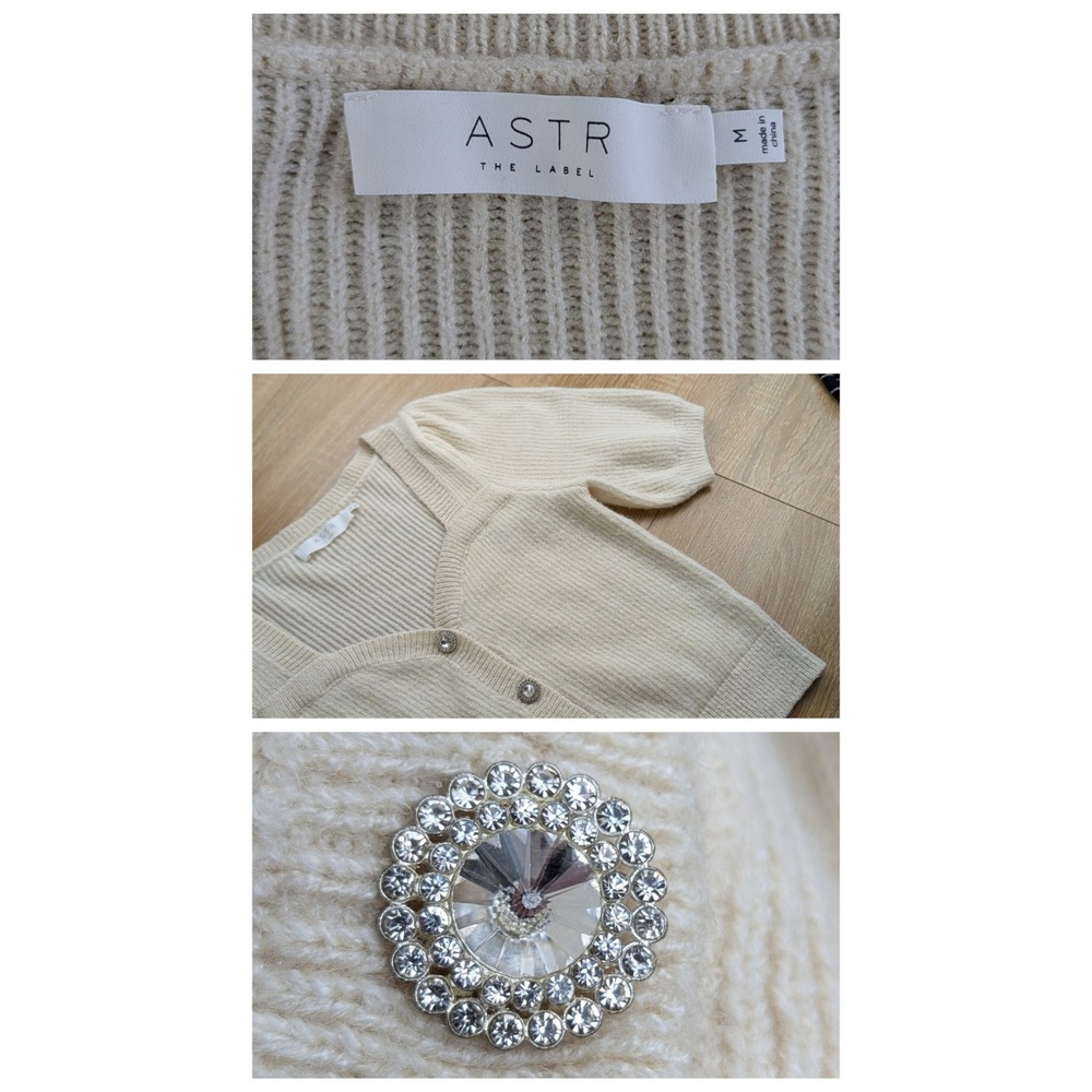 ASTR The Label Wool Blend Cardigan | MEDIUM | Puff Sleeve Heart Neckline Cream